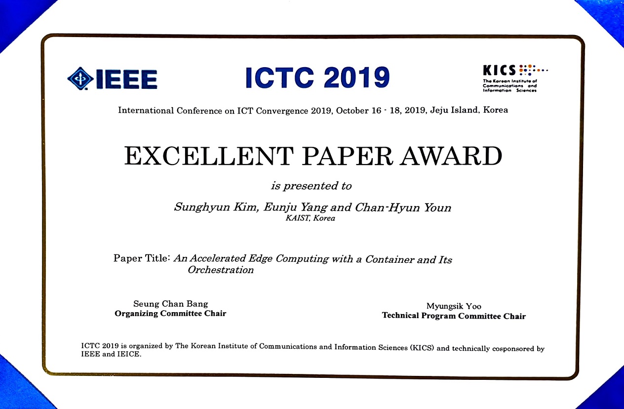 M.S. student Sung-hyun Kim (Advised by Chan-hyun Yoon) won the Excellent Paper Award at ICTC 2019